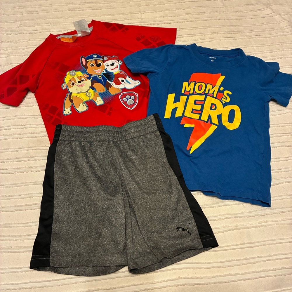 Size 4T summer bundle including Paw Patrol, puma shorts, and “mom’s hero” shirt